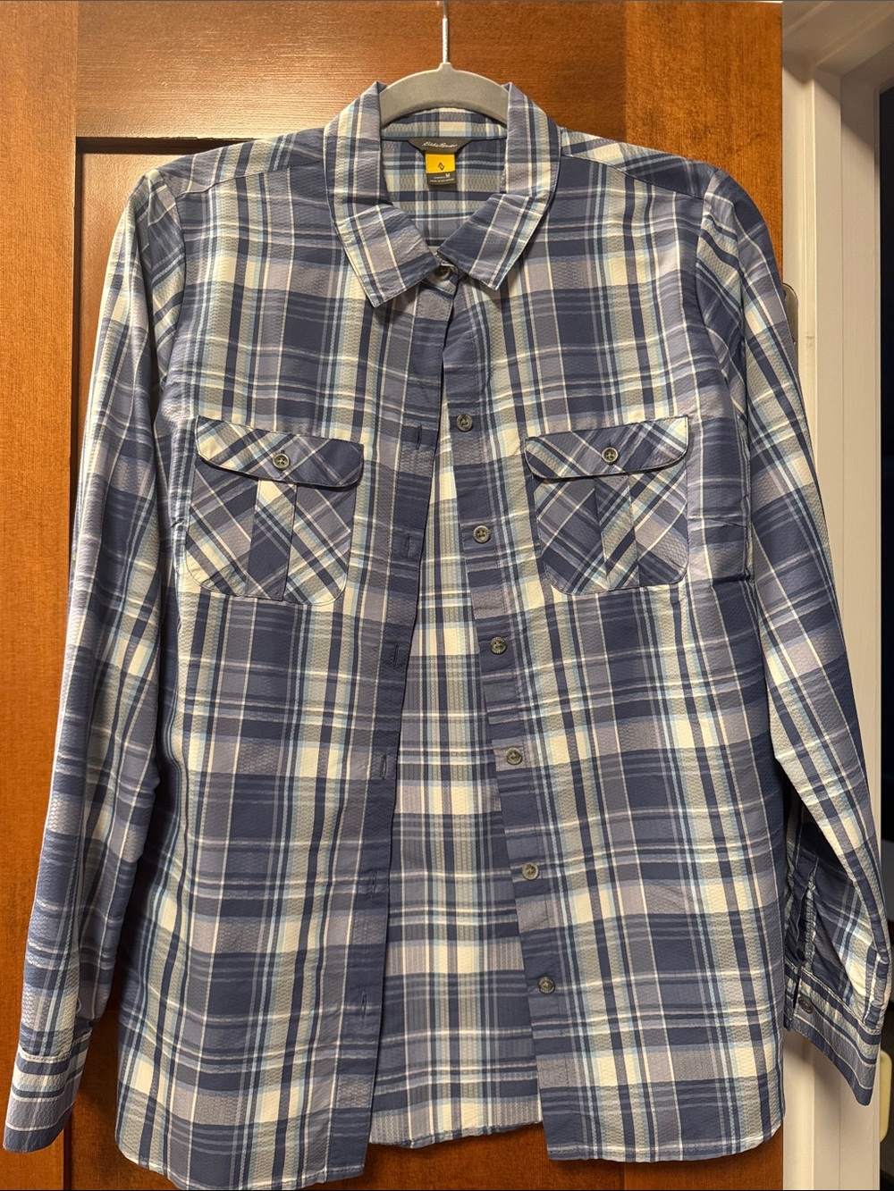 Eddie Bauer Navy and White Plaid Button-Down Shirt